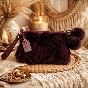 Dianne Gail Rabbit Fur Clutch – Deep Plum, Luxe Boho, Gold Chain, Wristlet, Y2K